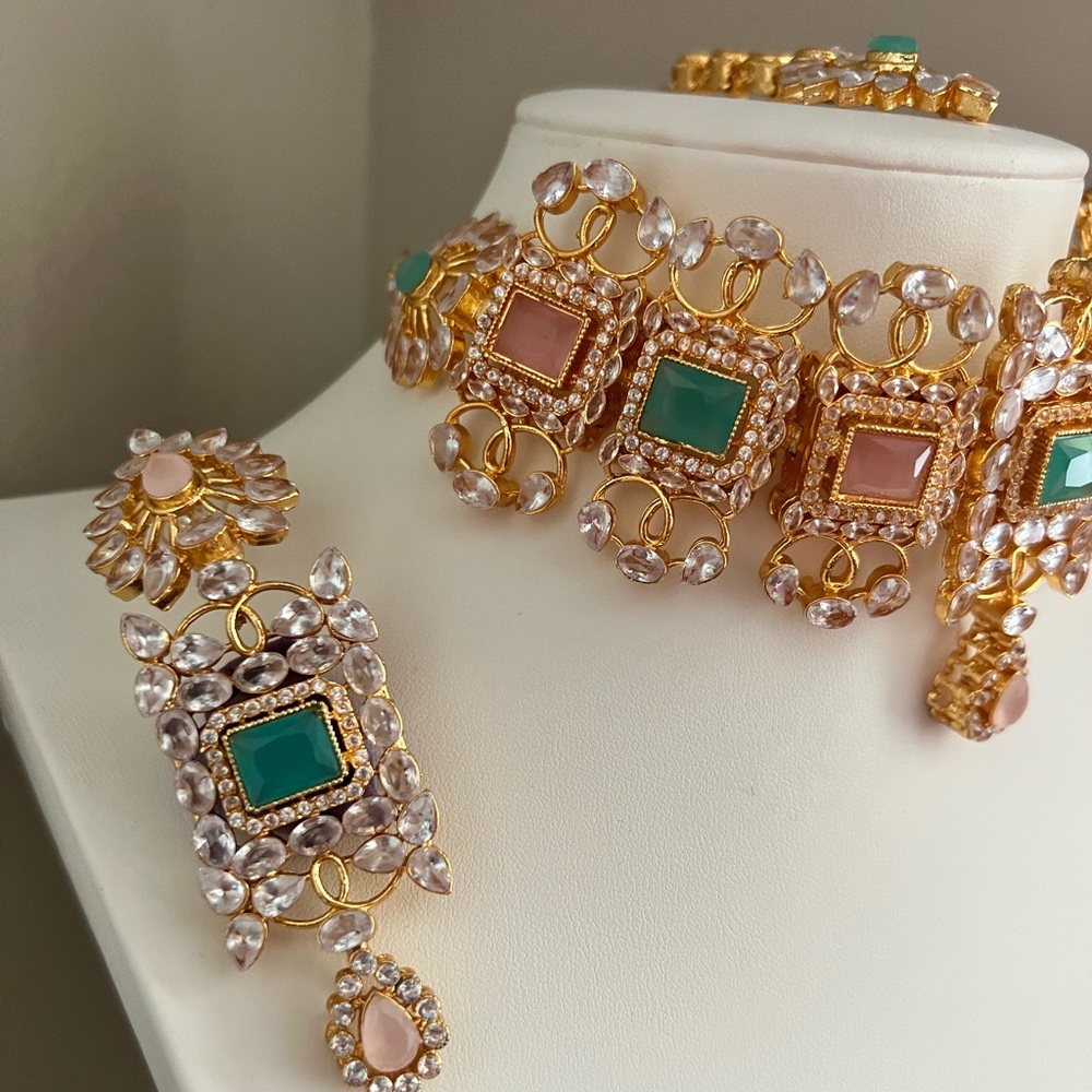 Pink and Teal gold crystal 4 PC ethnic jewelry set